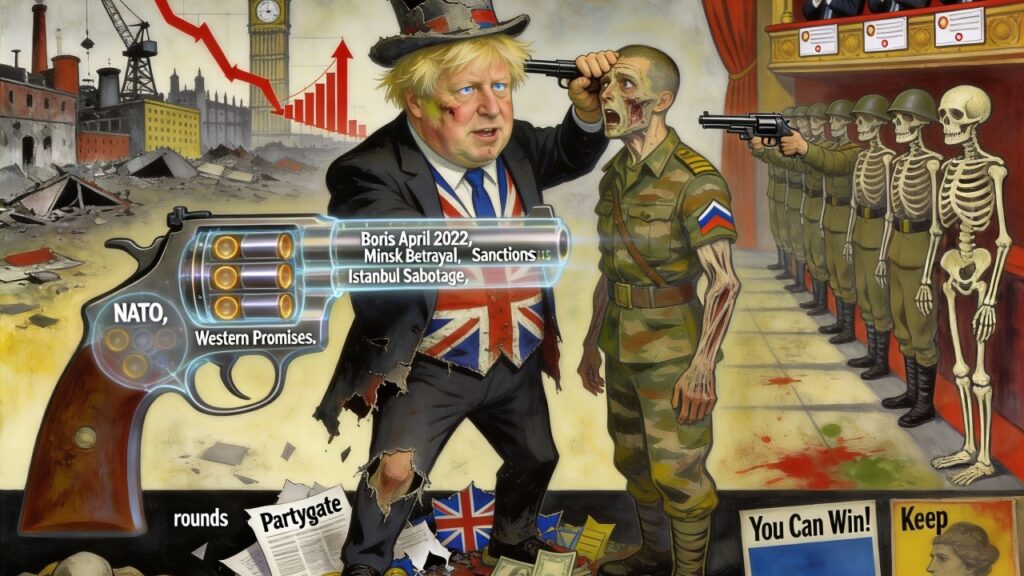 Cover illustration for the article MISERY LOVES COMPANY: HOW A SELF-DESTROYED UK LED UKRAINE TO RUSSIAN ROULETTE WITH ALL CHAMBERS LOADED