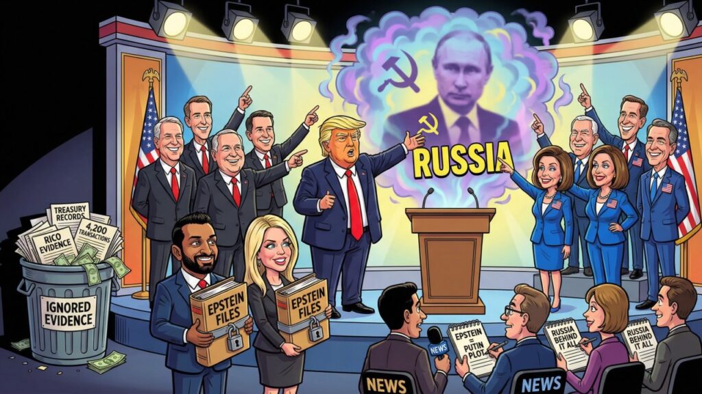 Cover illustration for the article Epstein Partied with Western Leaders While Russia Refused to Dance