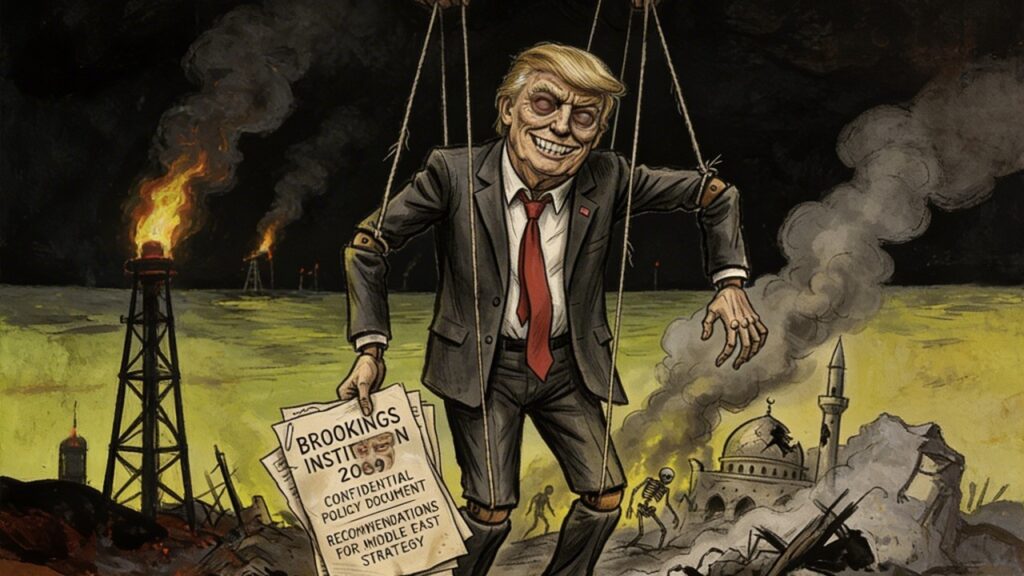Cover illustration for the article TRUMP'S JUST DOING WHAT HE'S TOLD: The 2009 Brookings Document That Became His Marching Orders