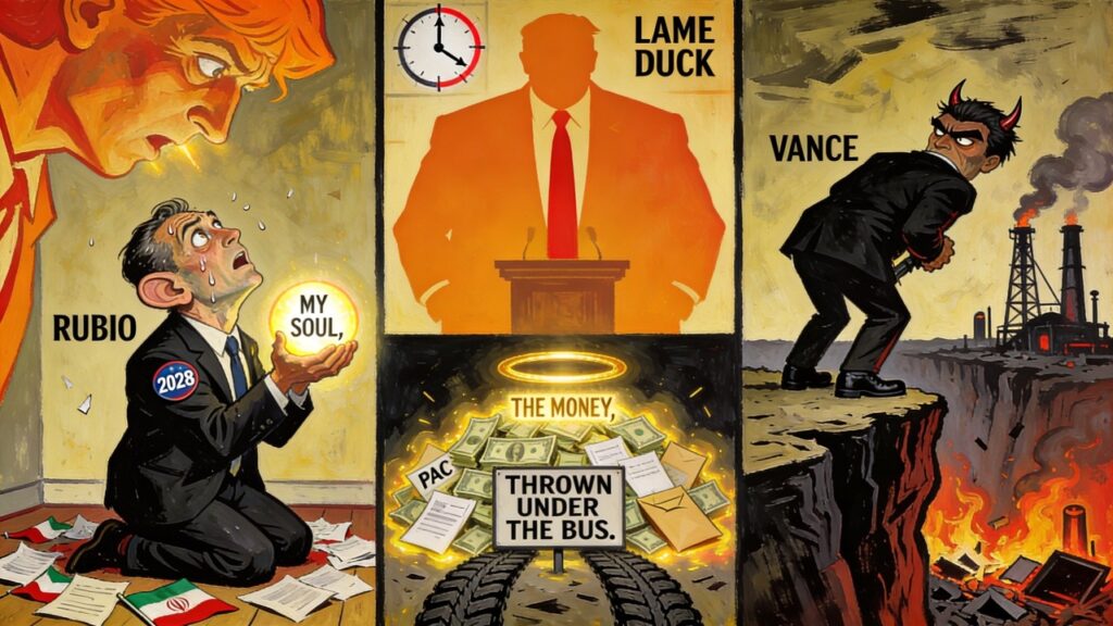 Cover illustration for the article The Jock Sniffing Soul Merchant and the Sacrificial Lamb with Horns: Rubio, Vance, and the Coming Reckoning