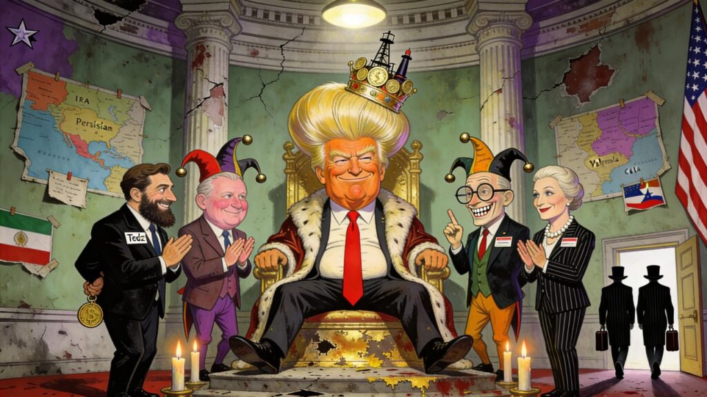 Cover illustration for the article The Irrelevance of King Trump and His Uniparty Jesters in Congress