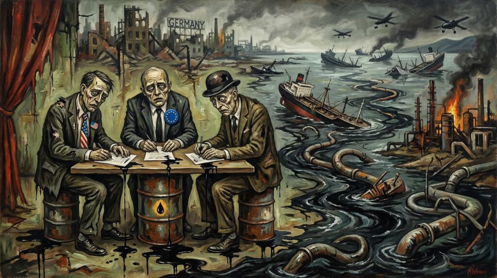 Cover illustration for the article How to Blow Up the World Order in 30 Days: Washington, Brussels, London and the $200 Oil Suicide Pact