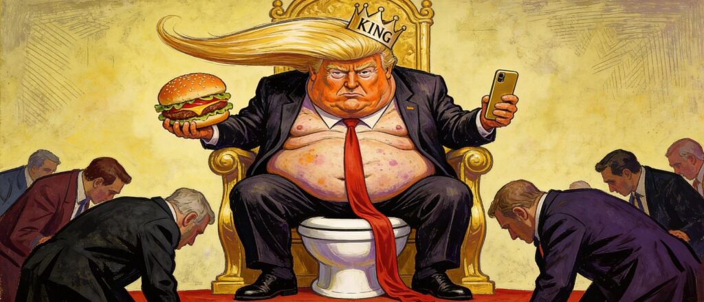 Caricature of Trump crowned 'KING' on a golden throne and toilet, holding a burger and phone while suited officials bow
