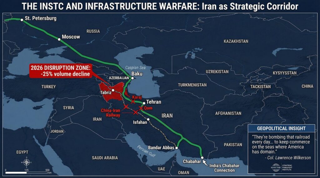 Map titled 'The INSTC and infrastructure warfare: Iran as strategic corridor', tracing shipping and rail routes from Russia through Iran to India