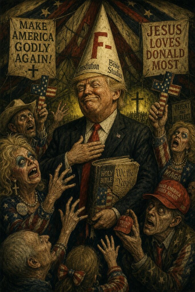 Cover illustration for the article Holy Trump or Evangelical Scholar? Neither. Just a Nincompoop Babbling to Morons on the 4th of July