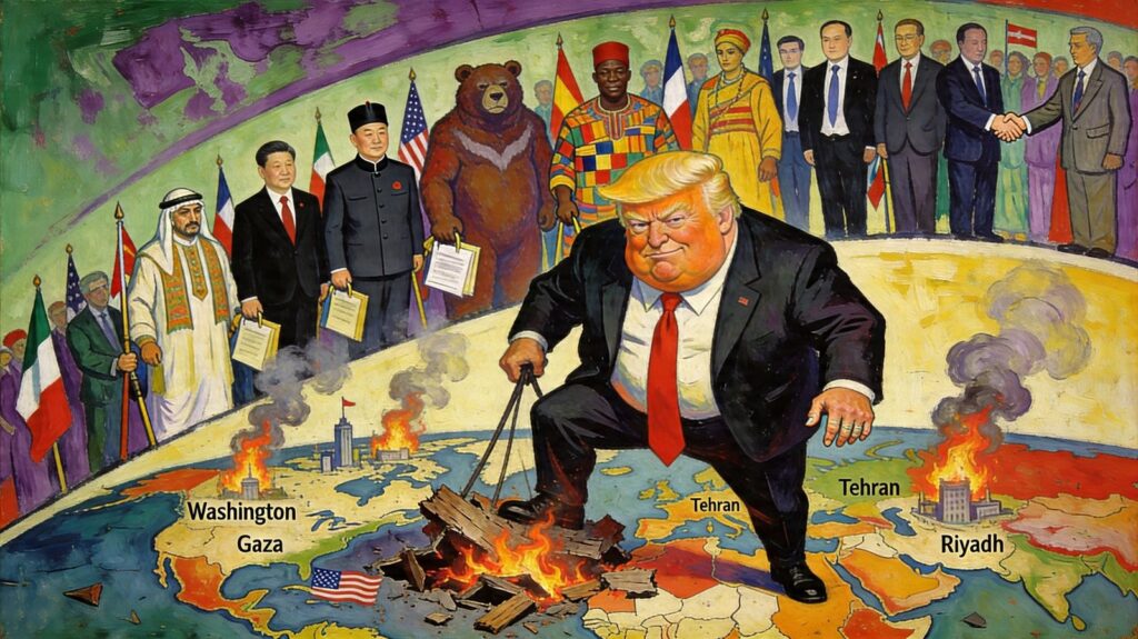 Expressionist map of Eurasia shows Trump striding through a burning region as leaders in suits and traditional dress watch from behind