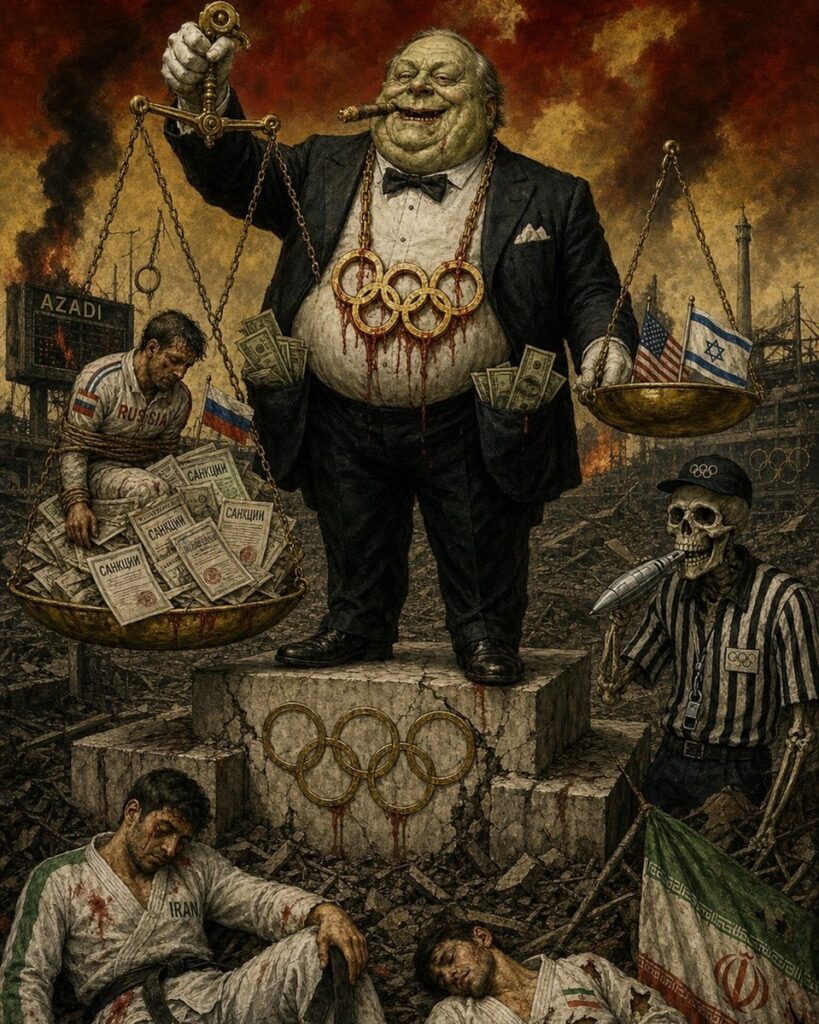 Cover illustration for the article Olympian Stupidity: The IOC’s Twisted Double Standard