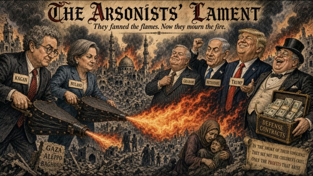 Cover illustration for the article The Arsonist’s Lament: Robert Kagan, Victoria Nuland, and the Neocon Family Business of Perpetual War