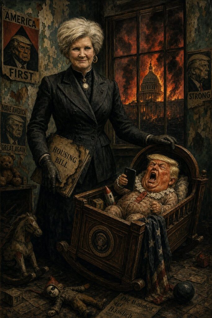 Cover illustration for the article Susie Wiles Can’t Restrain Trump, So She Covers for the Malignant Orange Baby