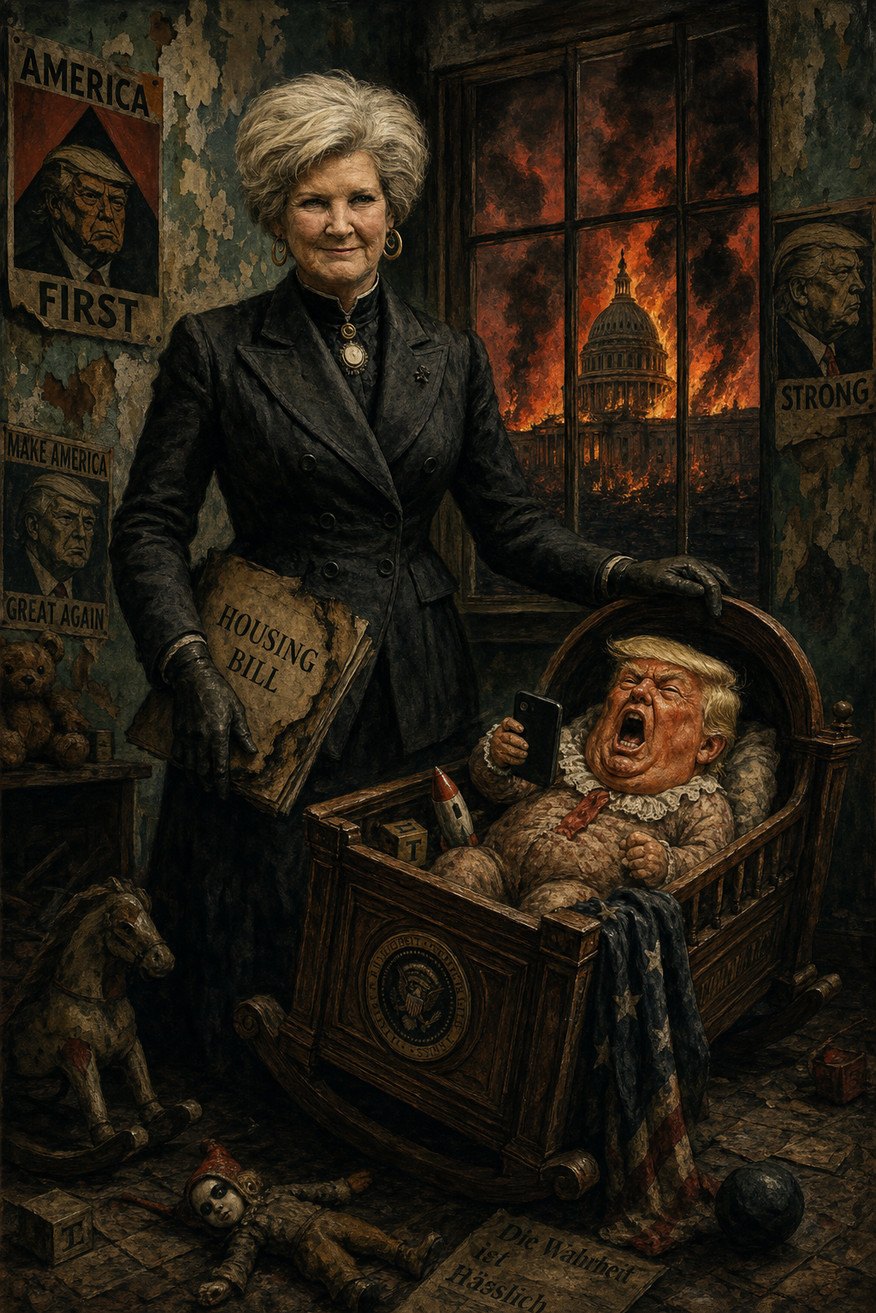 Dark expressionist painting of an elderly woman seated in a ruined room beside a grinning orange infant in a wooden cradle