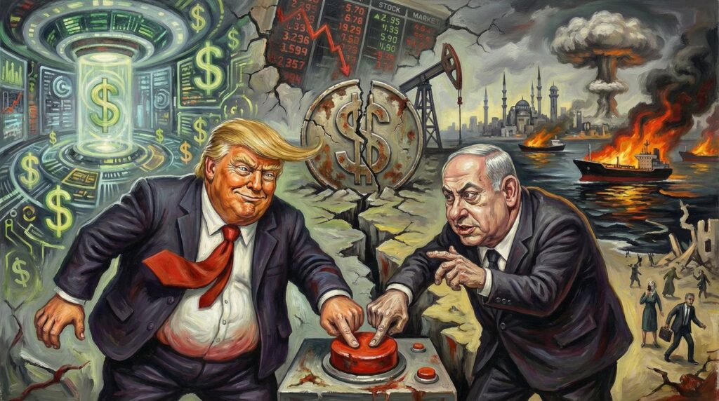 Expressionist painting of Trump and Netanyahu pressing a red button before a broken dollar sign, burning oil ships and a nuclear cloud