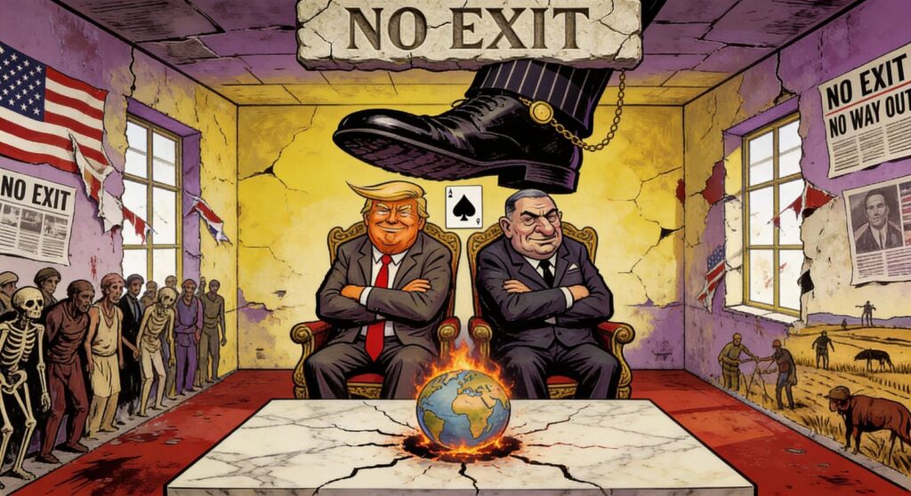 Cover illustration for the article No Exit: How Two Cornered Script Readers and a Captured Democracy Blew Up the World Economy