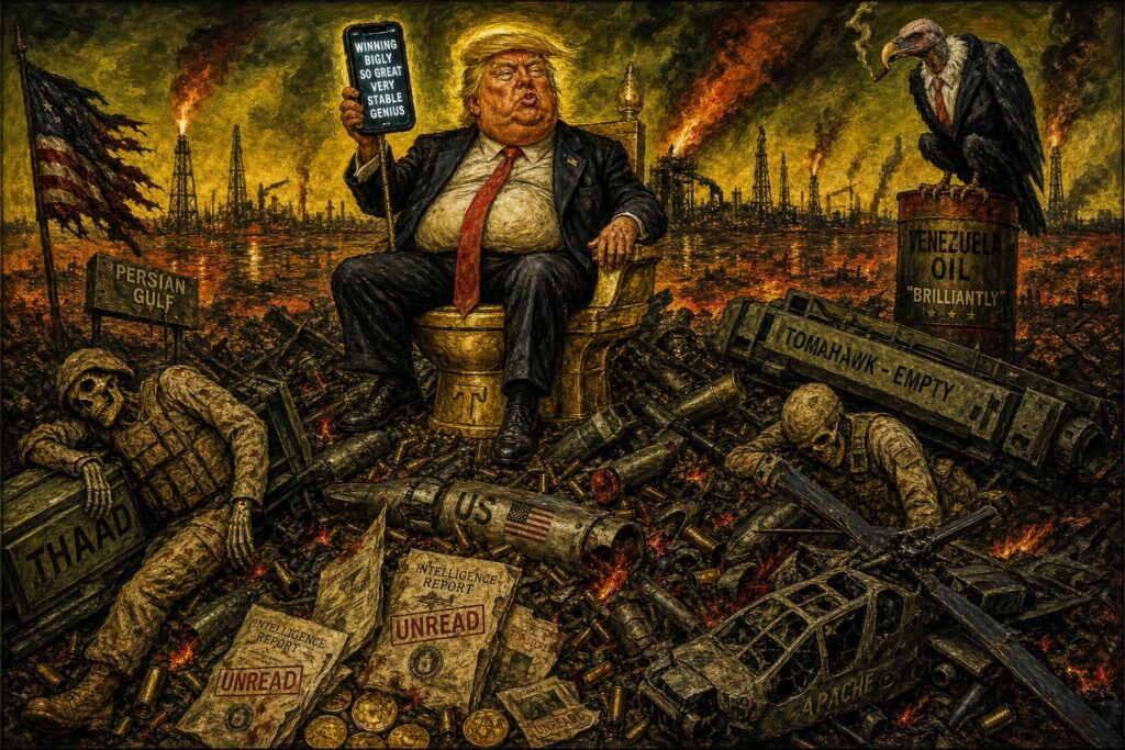 Cover illustration for the article Delusional Dispatches From Trump, Who Cannot Understand an Intelligence Report
