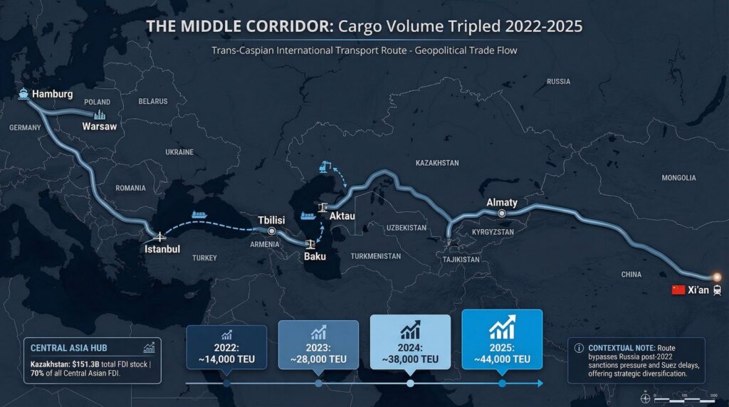 Map titled 'The Middle Corridor: Cargo volume tripled 2022-2025', tracing a Eurasian route from China across Central Asia, the Caspian and Turkey