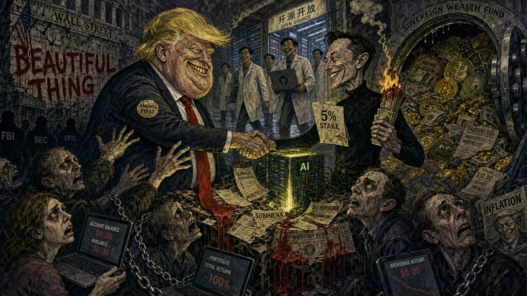 Expressionist collage of Trump, Sam Altman and suited men amid newspapers, burning factories, stacks of cash and the words 'Beautiful AI'