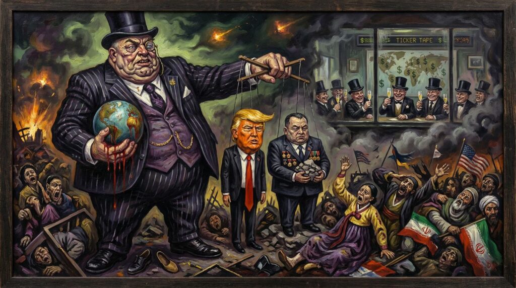 Dark expressionist painting of a top-hatted financier holding a bleeding globe above Trump and a uniformed leader, with war victims below