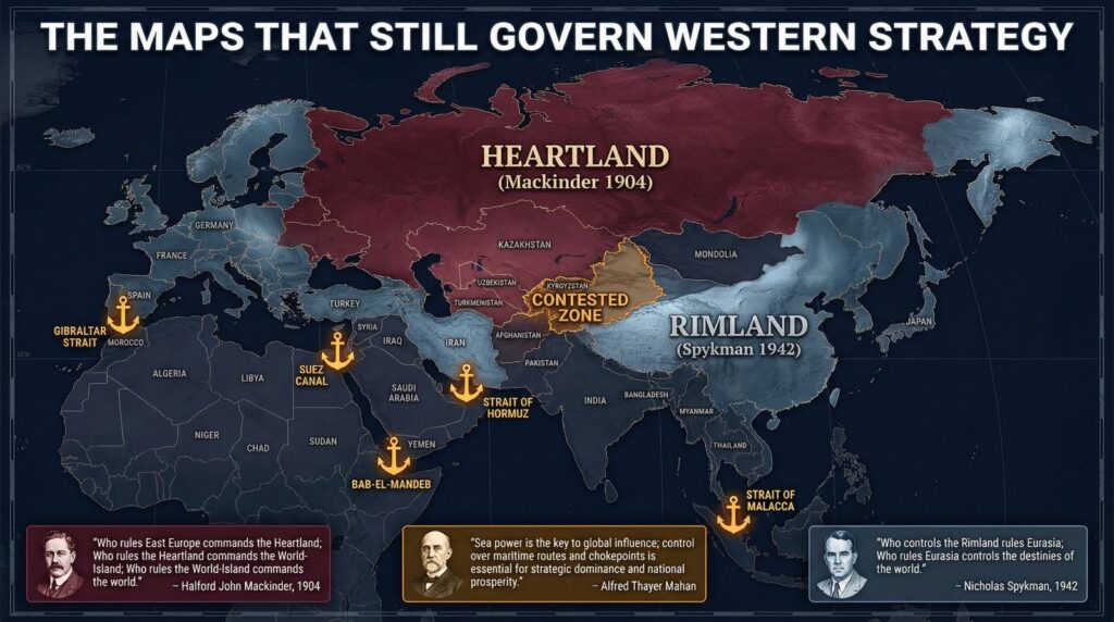 Map titled 'The maps that still govern Western strategy', contrasting Heartland and Rimland concepts across Eurasia and surrounding seas