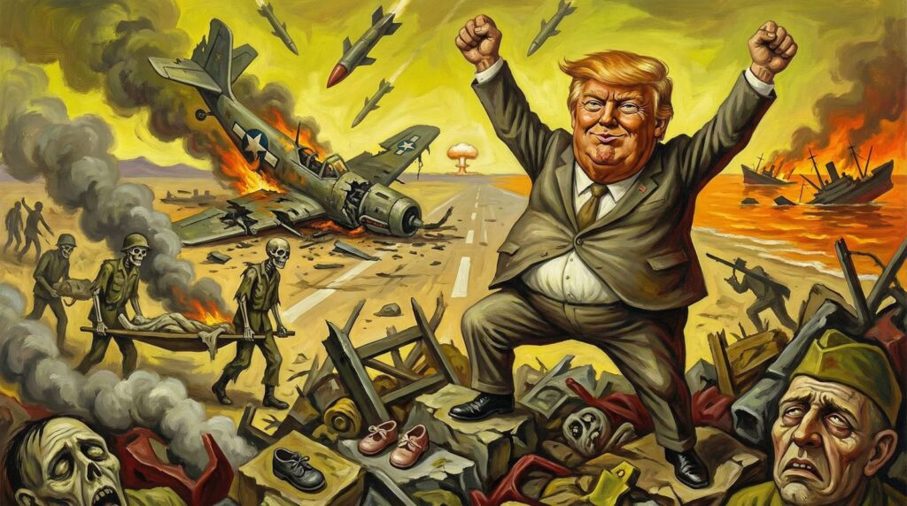 Cover illustration for the article Trump's Mission Unaccomplished: The Lies, the Losses, and the Escalation Trap