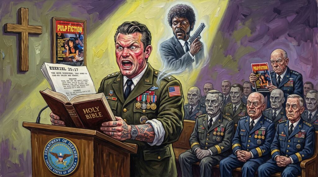 Cover illustration for the article Did Pete Hegseth really quote the Pulp Fiction screenplay when he thought he was quoting the bible?