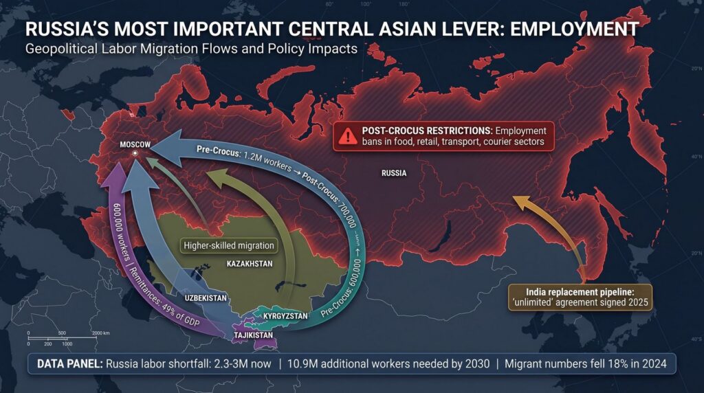 Map titled 'Russia's most important Central Asian lever: employment', showing Central Asian migrant labor flows and remittance dependence