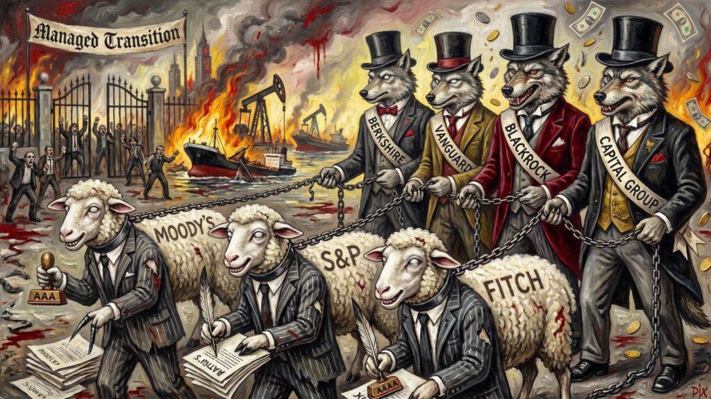 Cover illustration for the article Sheep on a Chain: How Berkshire, BlackRock, and Vanguard Own the Agencies That Rate Their World