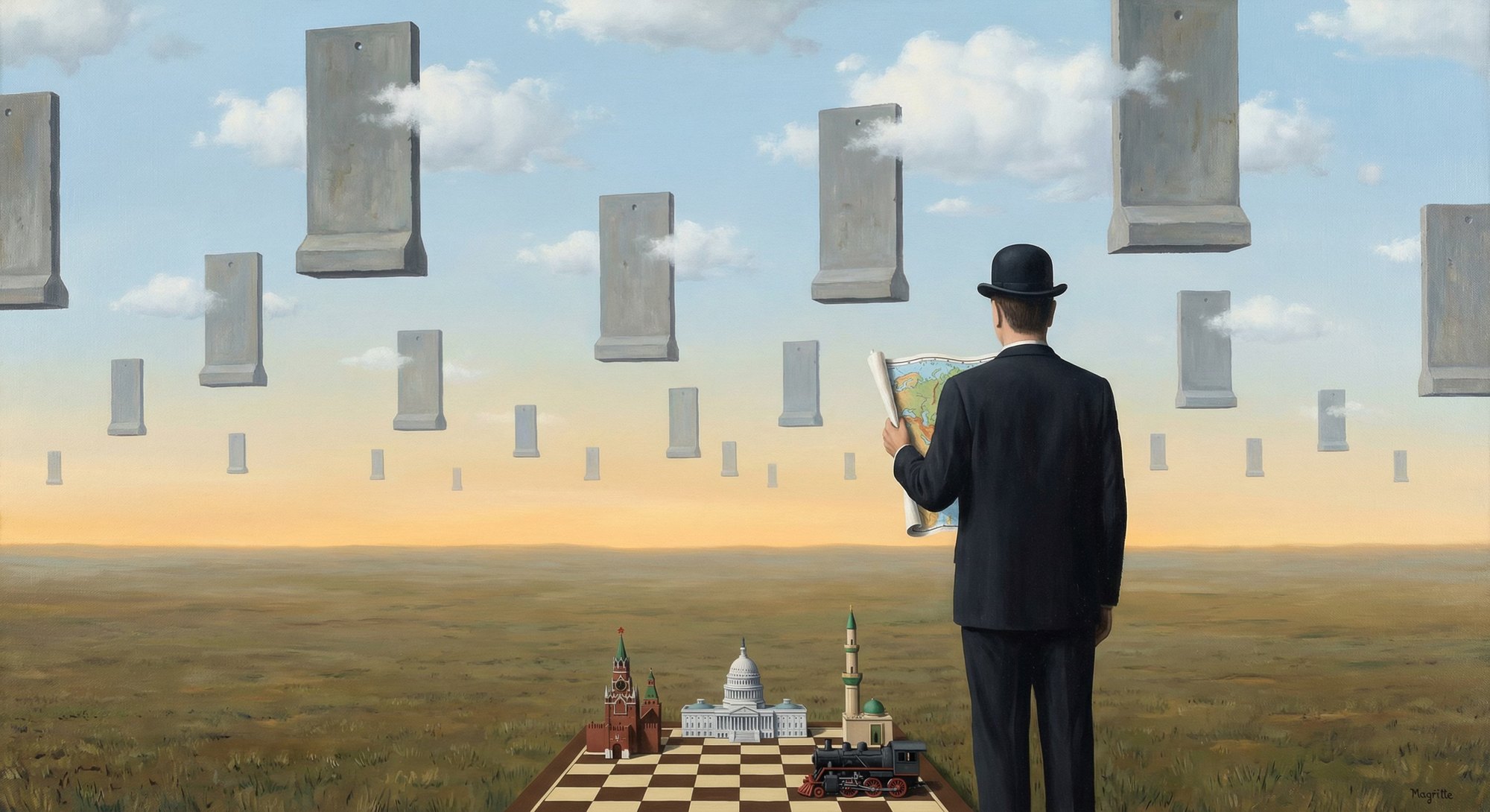 Surreal landscape painting of a man in a bowler hat facing rows of floating apartment blocks above a dry plain