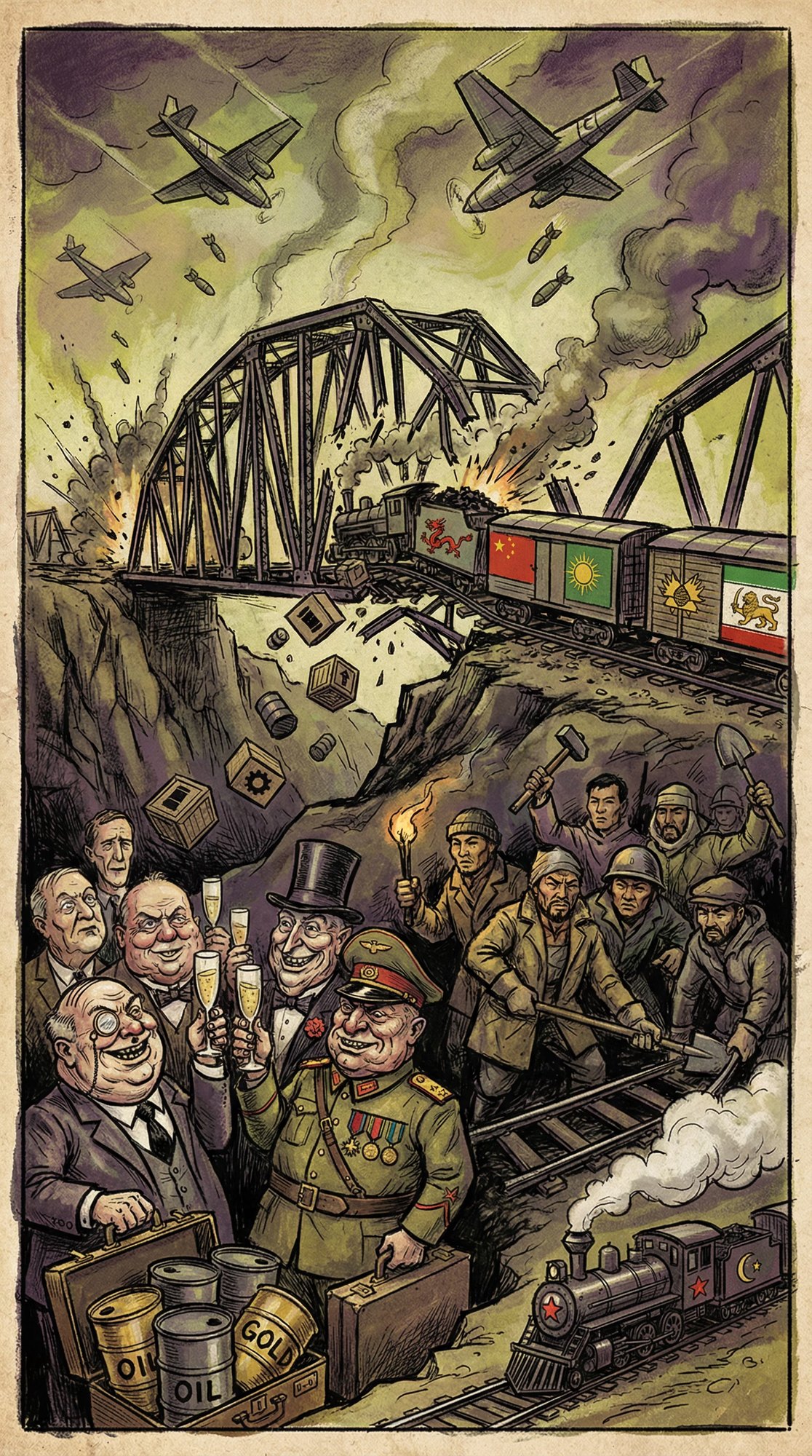 Vintage comic illustration of planes bombing a rail bridge as a train marked with Chinese, Iranian and regional flags crosses, while workers repair tracks