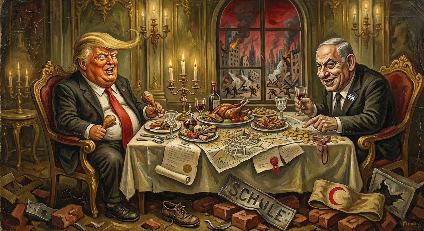 Expressionist painting of Trump and Netanyahu dining over a map and coins while a burning city is visible through the window