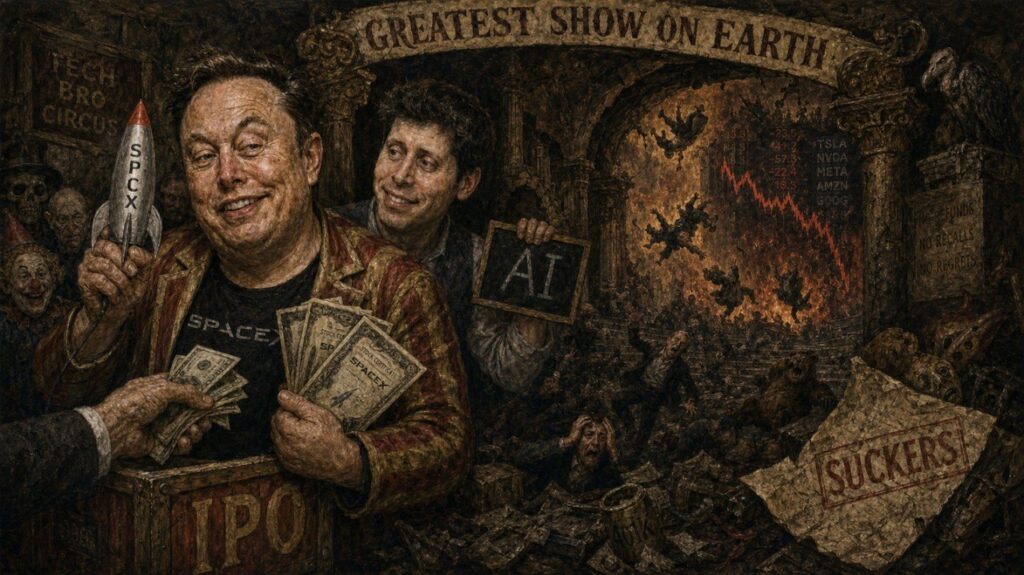 Musk slammed his IPO fraud through while Trump covered for him and Altman watched.