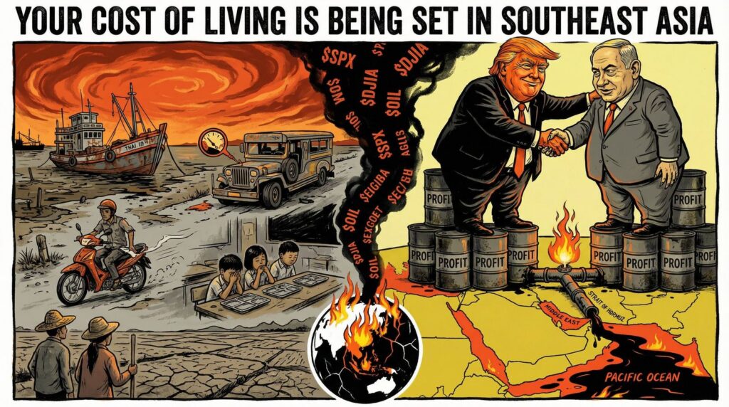 Cover illustration for the article The Iran War’s Hidden Toll on Asia-Pacific: A War of Choice, a Region in Collapse, and a Bill Every American Will Pay