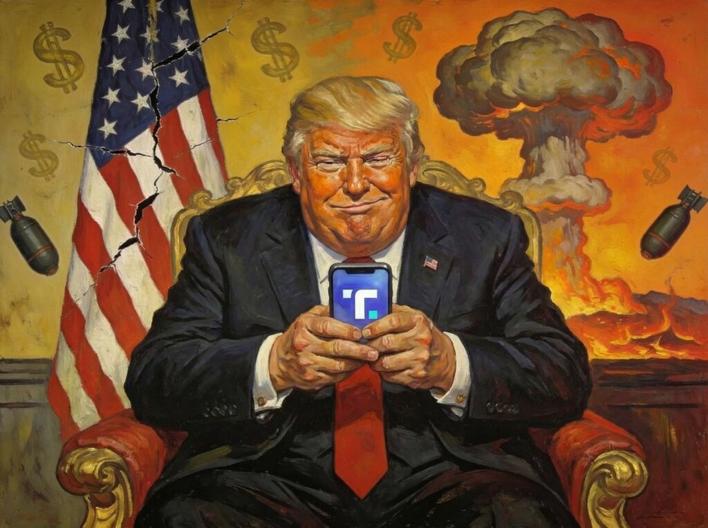 Expressionist painting of Trump holding a phone marked 'T' before a cracked U.S. flag, bombs, dollar signs and a nuclear blast