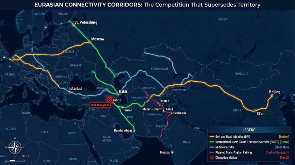 Map titled 'Eurasian connectivity corridors: the competition that supersedes territory', tracing rail, road and sea links across Asia and Europe