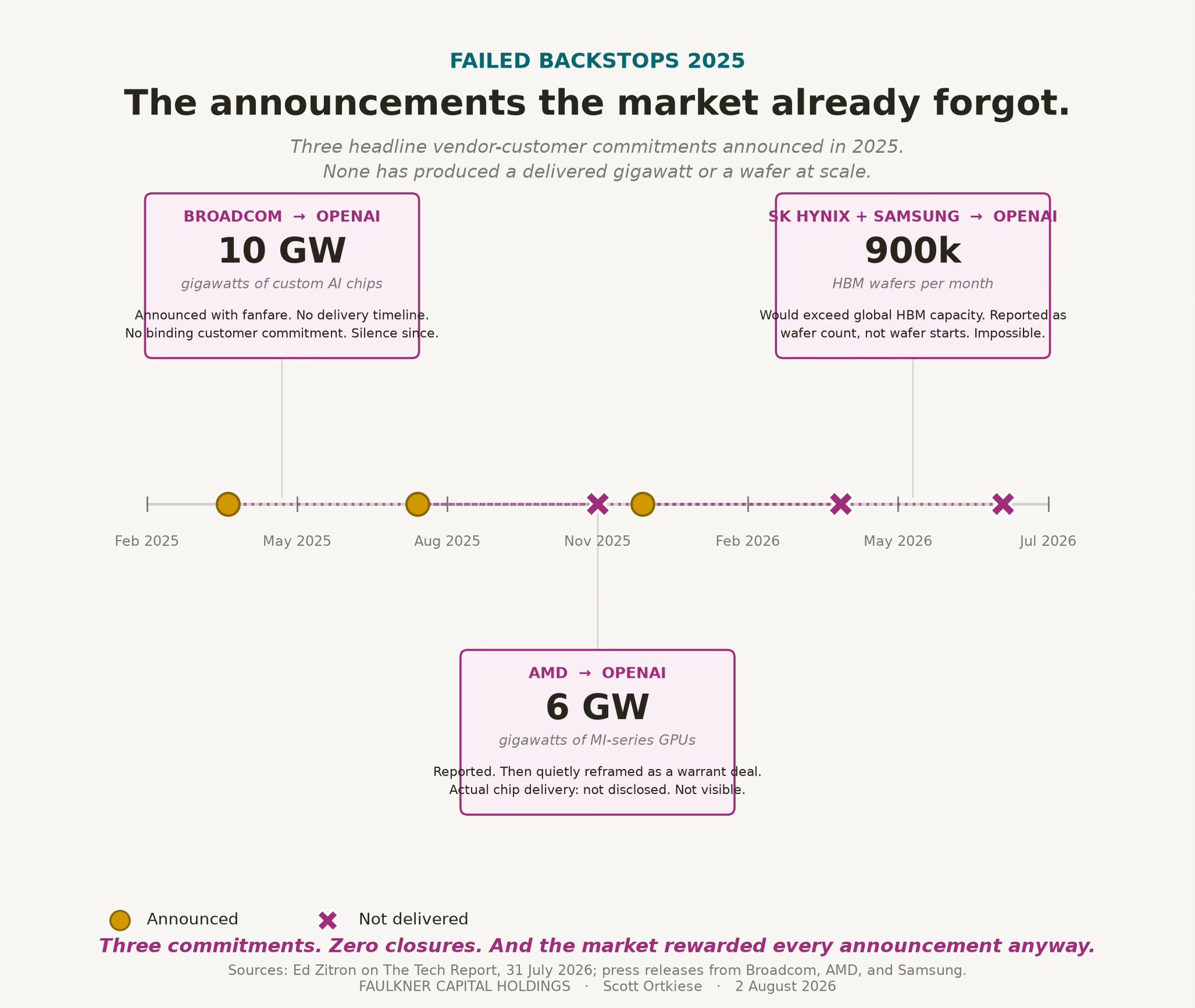 Timeline of AI infrastructure announcements totaling 10 GW and 900k chips, with 6 GW still not under binding contracts