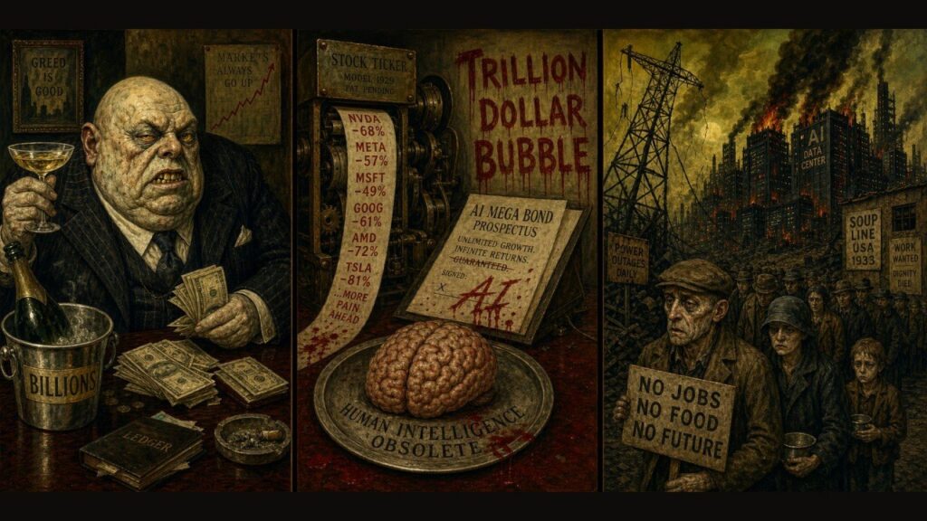 Money manipulators on the left. Transaction in the center. Consequence on the right.