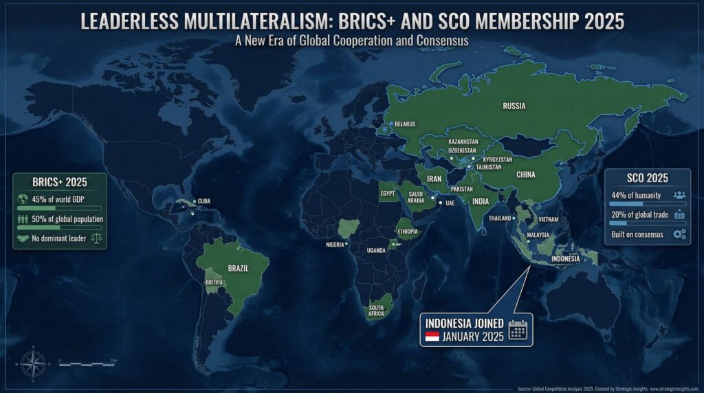 World map titled 'Leaderless multilateralism: BRICS+ and SCO membership 2025', contrasting BRICS+ and SCO with the G7 and U.S.-allied states