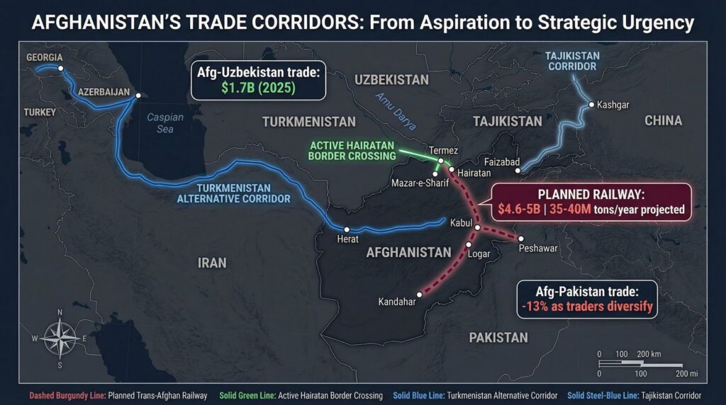 Map of Afghanistan's trade corridors shows rail and road links toward Uzbekistan, Iran, Pakistan, China and the planned Trans-Afghan railway