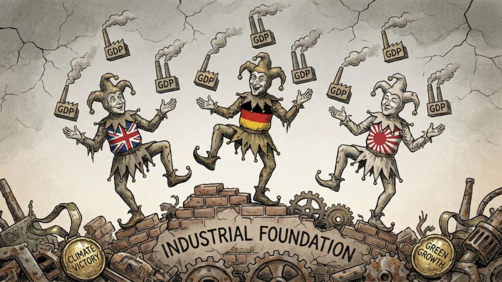 Cover illustration for the article A Tale of Three Climate Change Dupes: UK, Germany, and Japan