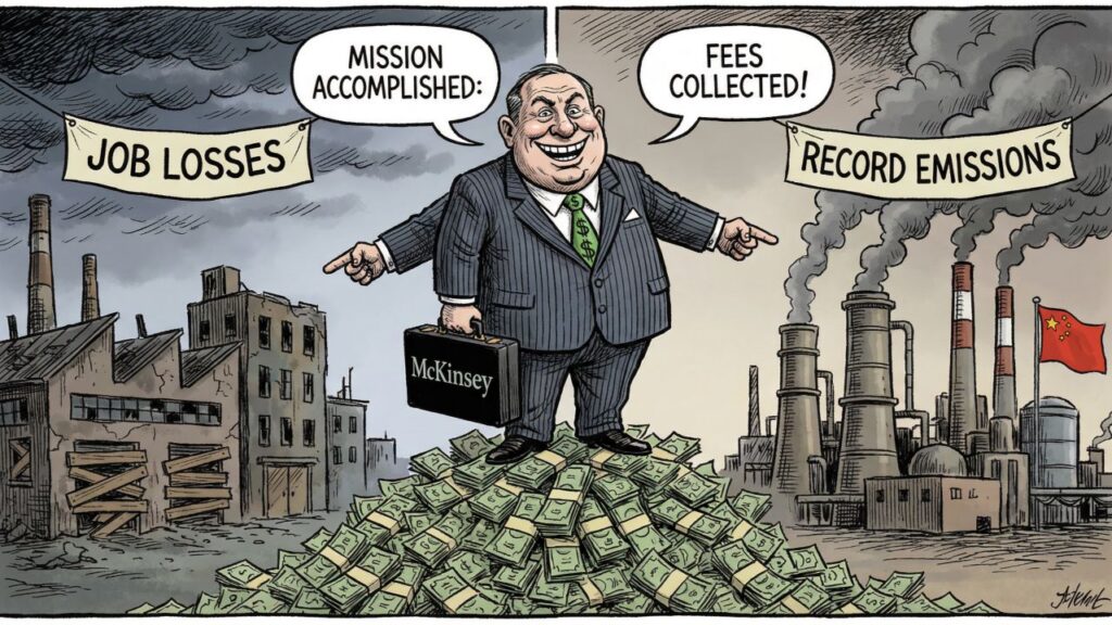 Cover illustration for the article The Consulting-Industrial Complex: How McKinsey, BlackRock, and the ESG Cartel Engineered Irreversible Industrial Destruction for Profit