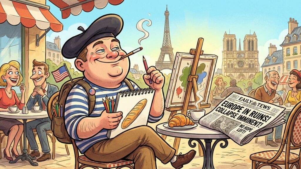 Cover illustration for the article The Sky Never Falls on French Cafes