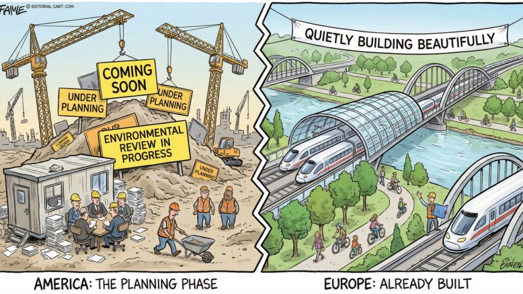 Cover illustration for the article One More Thing I Noticed About Europe, Things Get Built