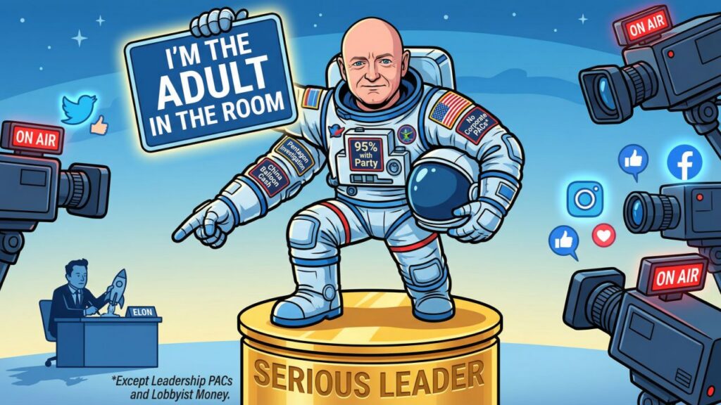 Cover illustration for the article Mark Kelly's 95% Problem: A Senator With No Credibility Lecturing Elon Musk About Seriousness