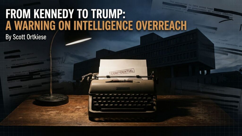 Cover illustration for the article From Kennedy Campaign Manager to Trump Advocate: Amaryllis Fox Kennedy's Warning About Intelligence Agency Overreach