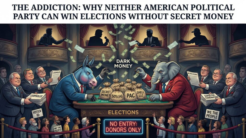 Cover illustration for the article THE ADDICTION: Why Neither American Political Party Can Win Elections Without Secret Money