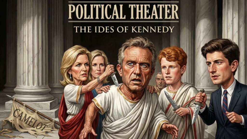 Cover illustration for the article How the Kennedy Clan Knifed Their Own Trying to Save the Regime