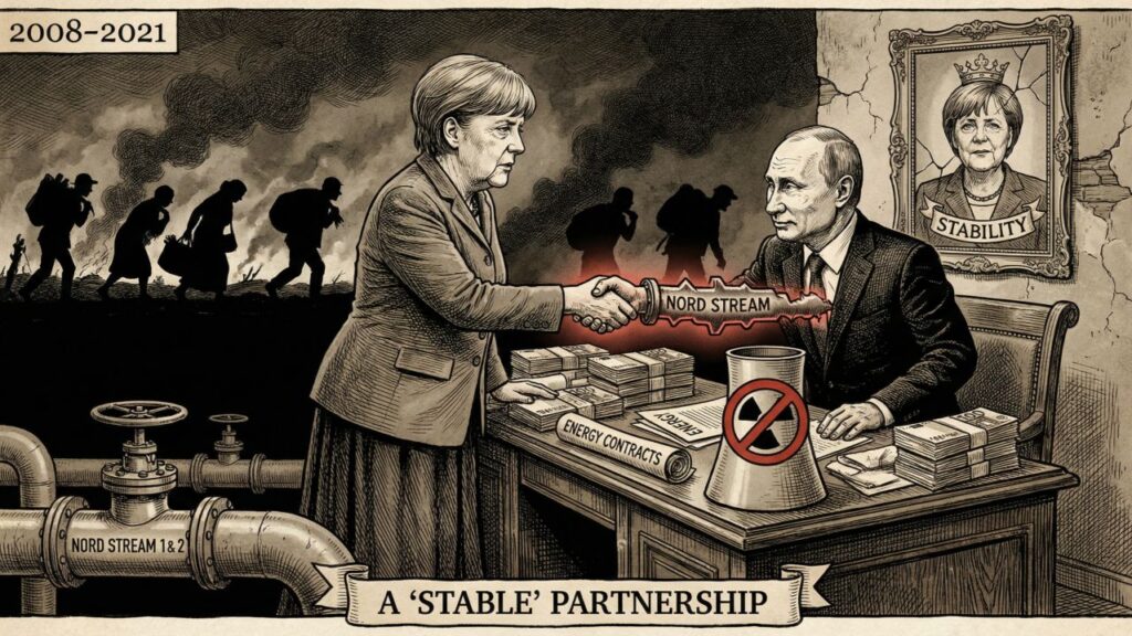 Cover illustration for the article Merkel’s Betrayal: How Globalist Hubris Armed the Bear and Sacrificed Ukraine