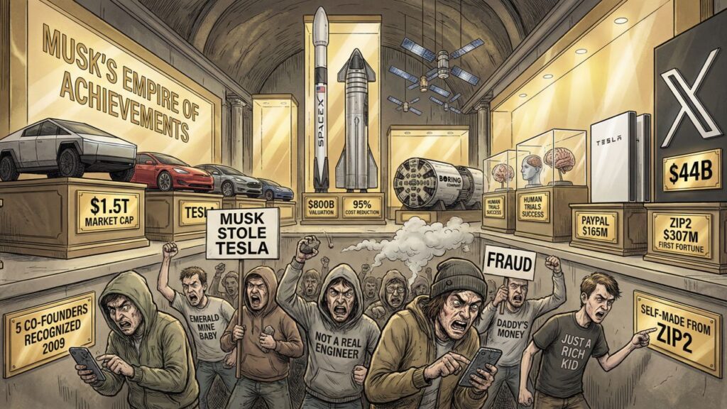 Cover illustration for the article SELF-MADE, NOT SILVER-SPOONED: THE DOCUMENTED CASE FOR ELON MUSK'S EARNED SUCCESS AGAINST A MOB OF LIES