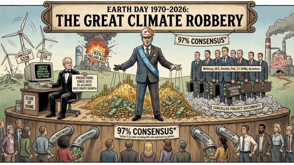 Cover illustration for the article THE GREAT CLIMATE ROBBERY: From Earth Day 1970 to a $400 Billion Fraud