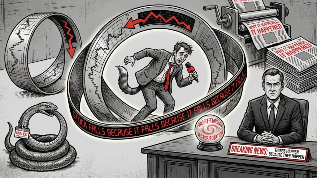 Cover illustration for the article When Stocks Fall Because They Fall: The Tautology Problem in Financial Journalism