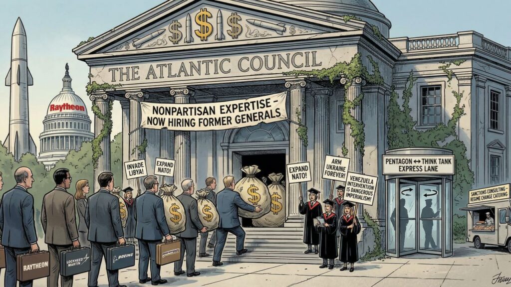 Cover illustration for the article The Business of War: How Defense-Funded Think Tanks Choose Which Interventions to Champion