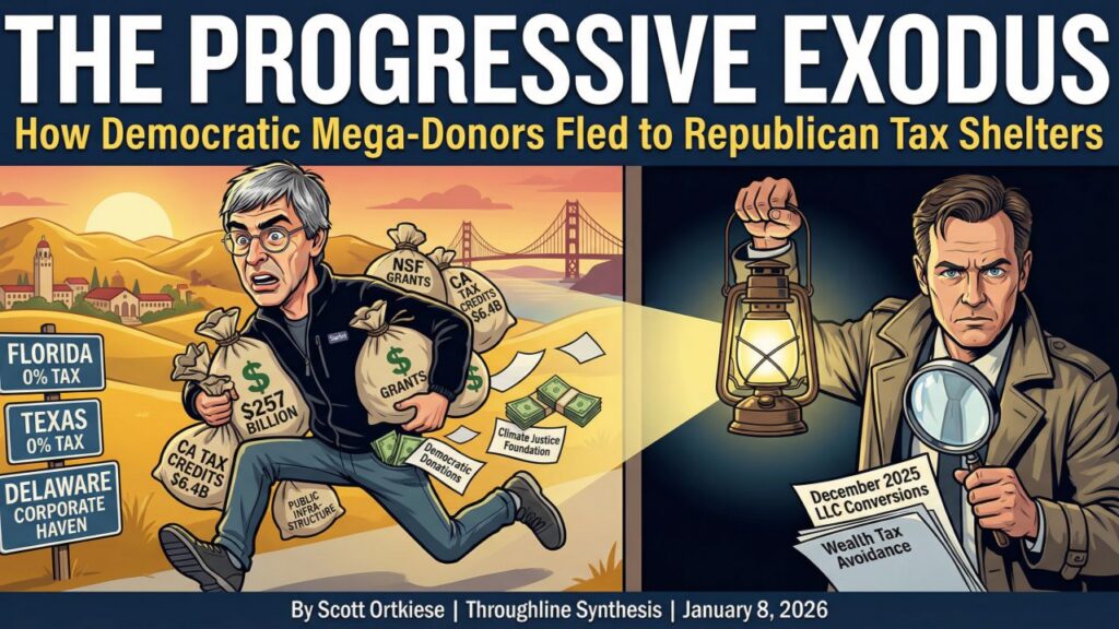 Cover illustration for the article Larry Page Built Google on Public Funds, Then Fled California to Avoid the Wealth Tax He Funded Democrats to Support